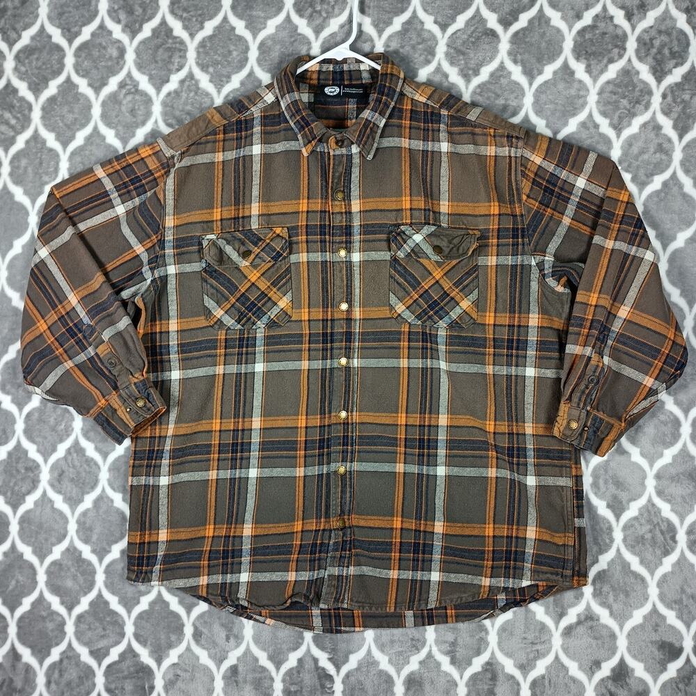Polar King Plaid Shirt Men 3XLT Brown Button Snap Up Rugged Heavyweight
